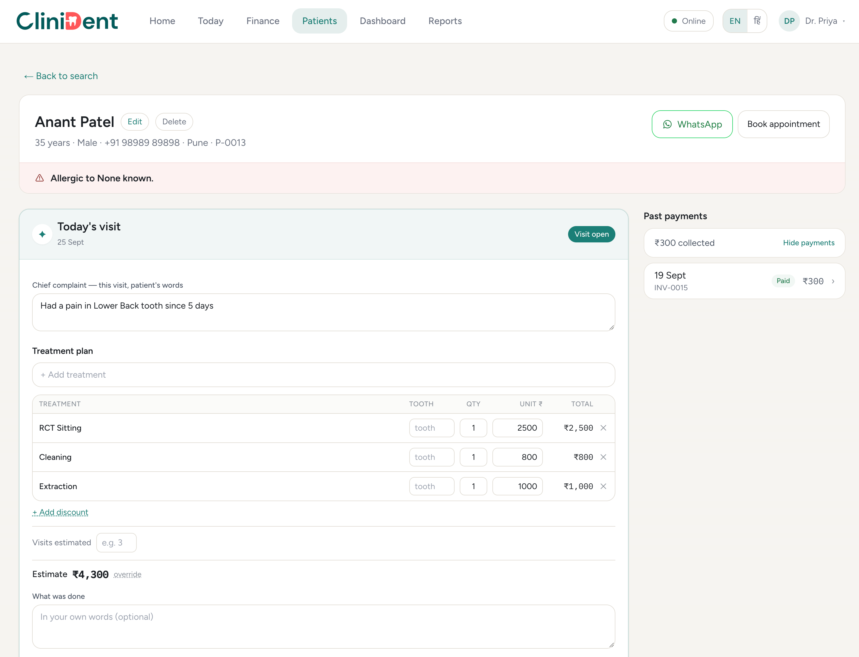 CliniDent patient record with current visit, treatment plan and payment history