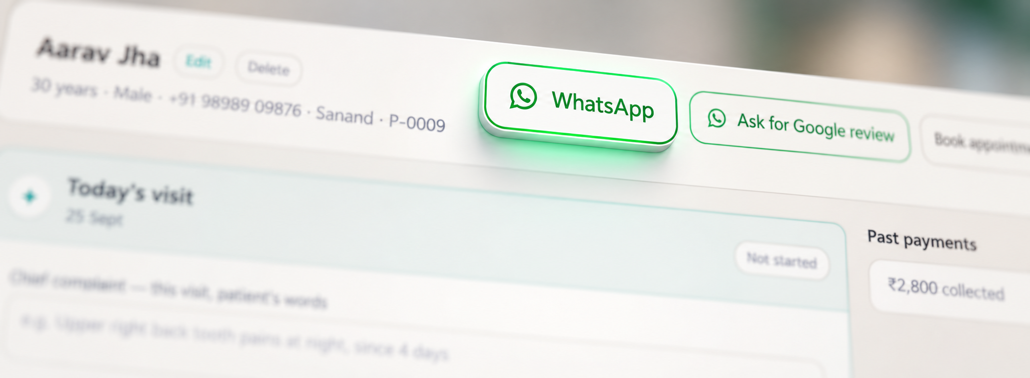 WhatsApp and review actions in CliniDent
